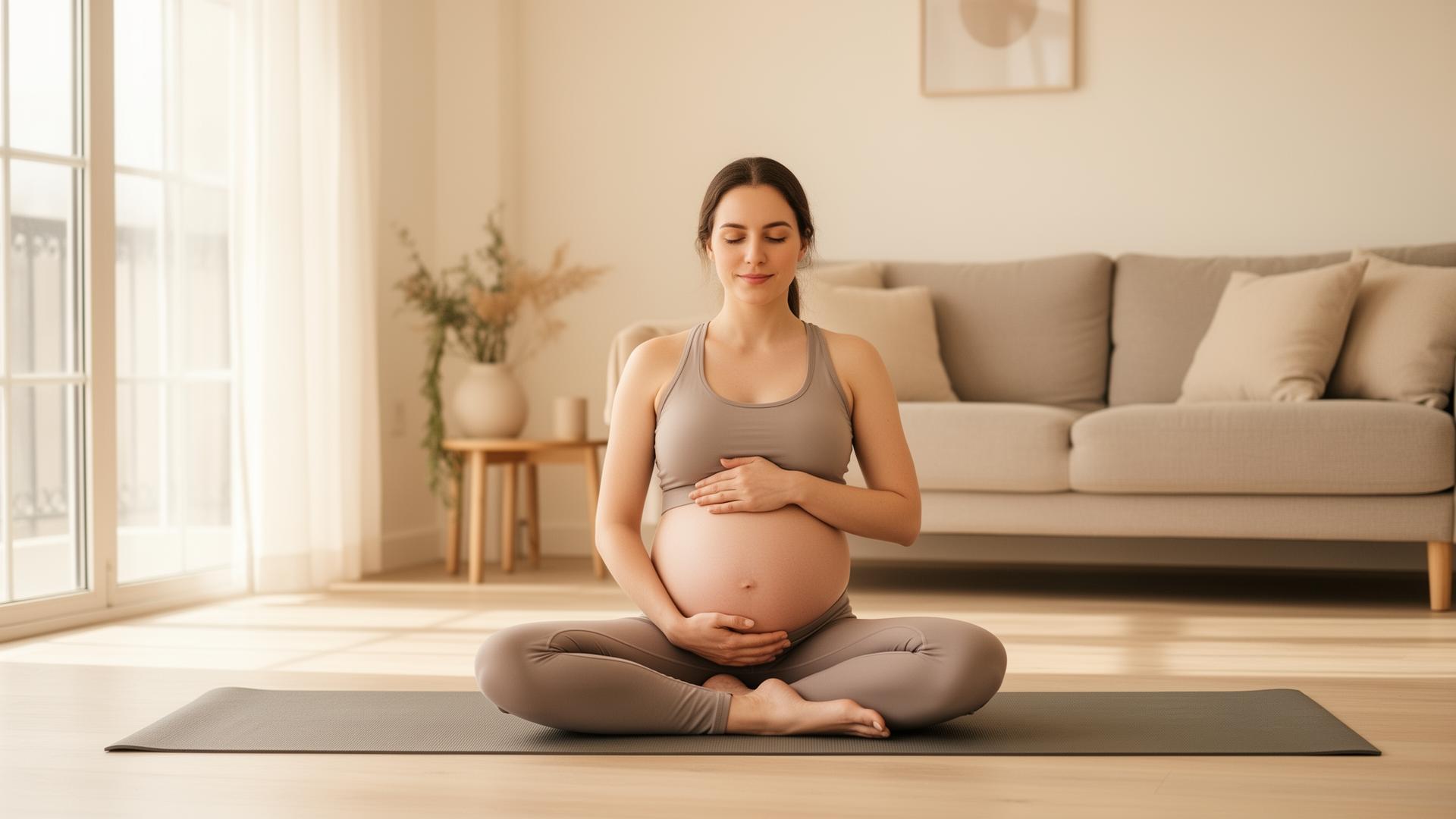Pregnant woman practicing safe prenatal yoga at home