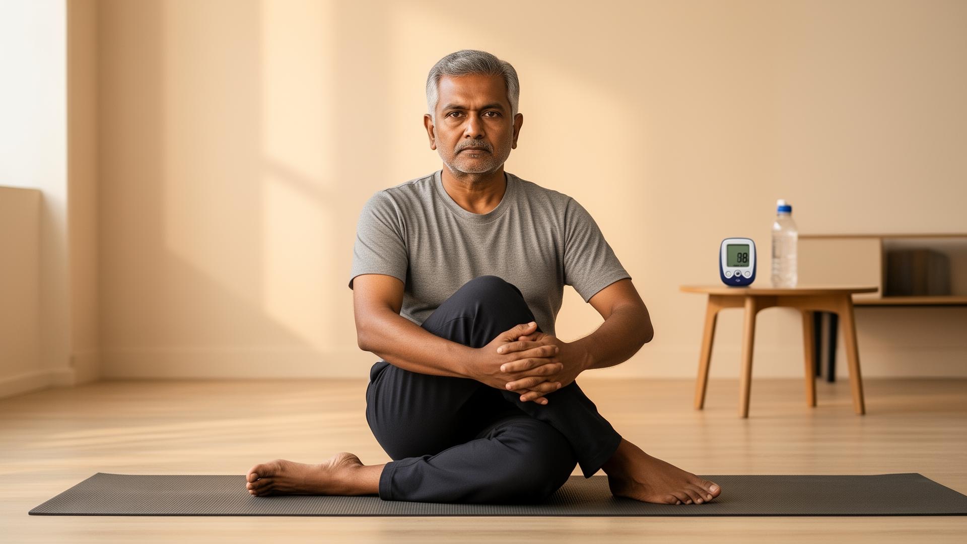 Man practicing yoga for diabetes management support