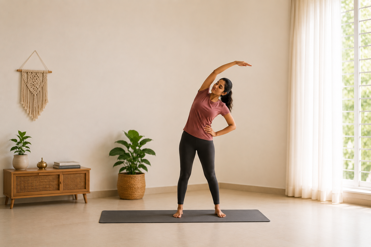 Women doing home workout stretch