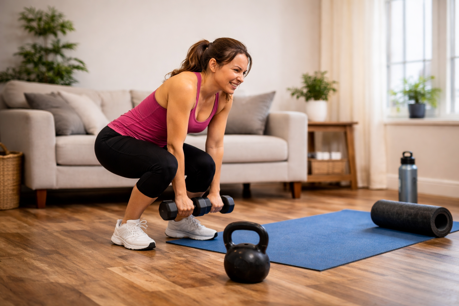 Incorrect squat form during a home workout