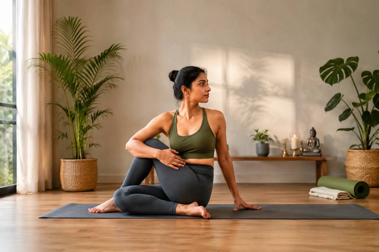 Woman doing yoga for belly fat at home